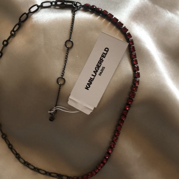 Karl Lagerfeld Hematite Tone Link & Rose Crystal Cup Chain Collar Necklace NWT - Picture 6 of 13